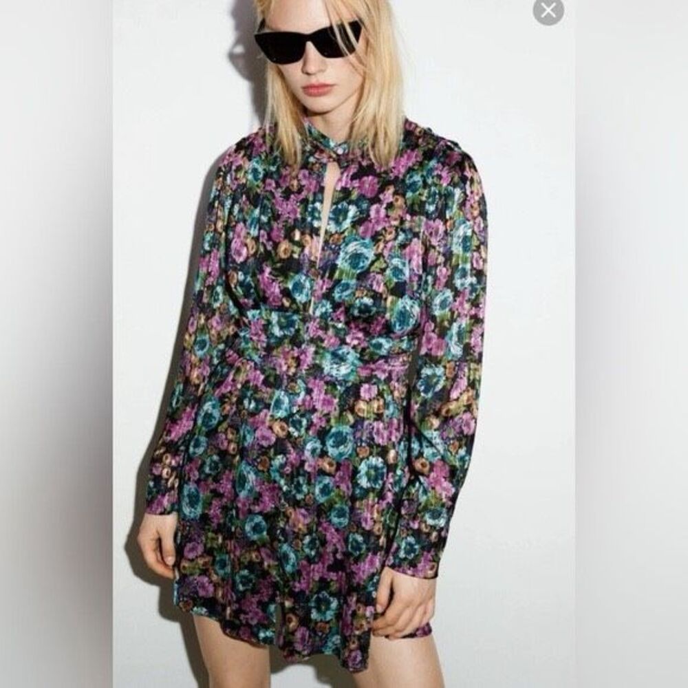 NWT Zara Metallic‎ Floral Mini Dress XS